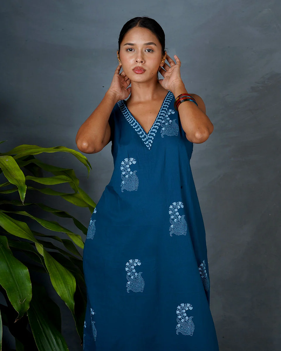 Neeraja Teal Green Hand Block Printed Cotton Dress-MYA - Image 6