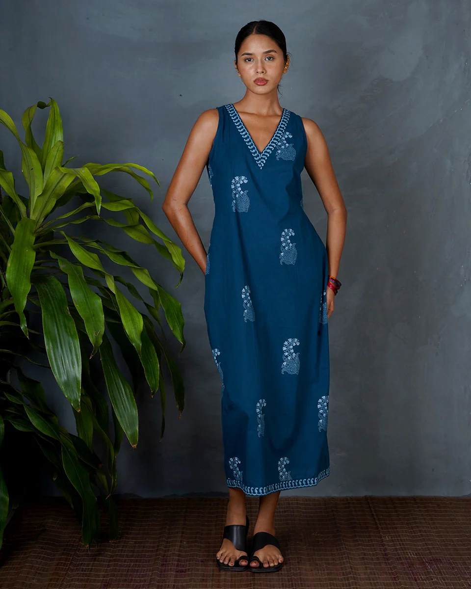 Neeraja Teal Green Hand Block Printed Cotton Dress-MYA - Image 7