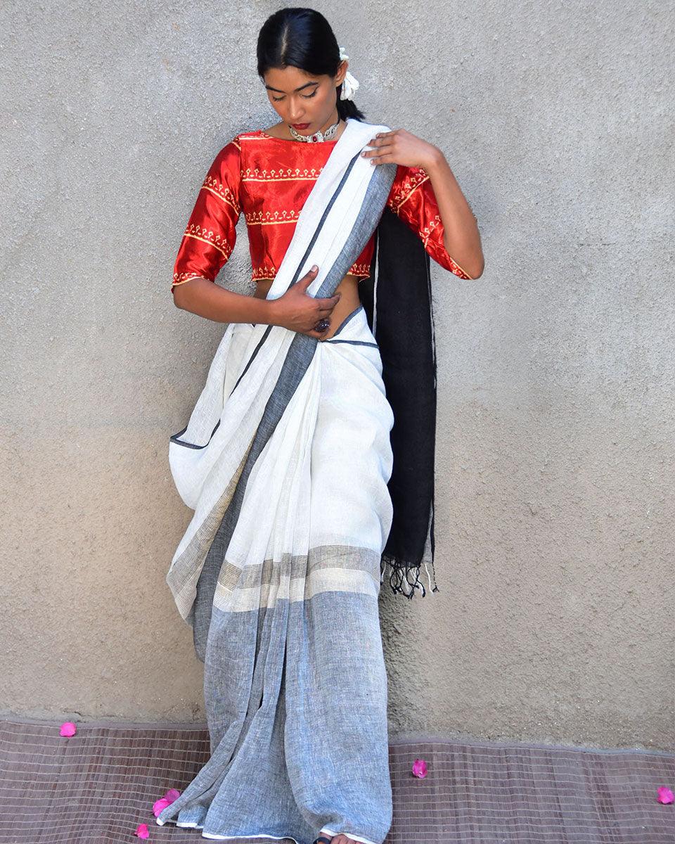 Neoma Handwoven Linen Saree-Stardust - Image 6
