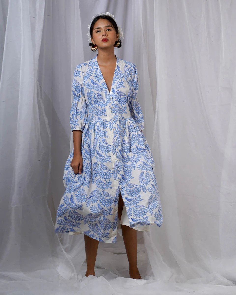 Neyra Ivory Blue Hand Block Printed Dress-BAD
