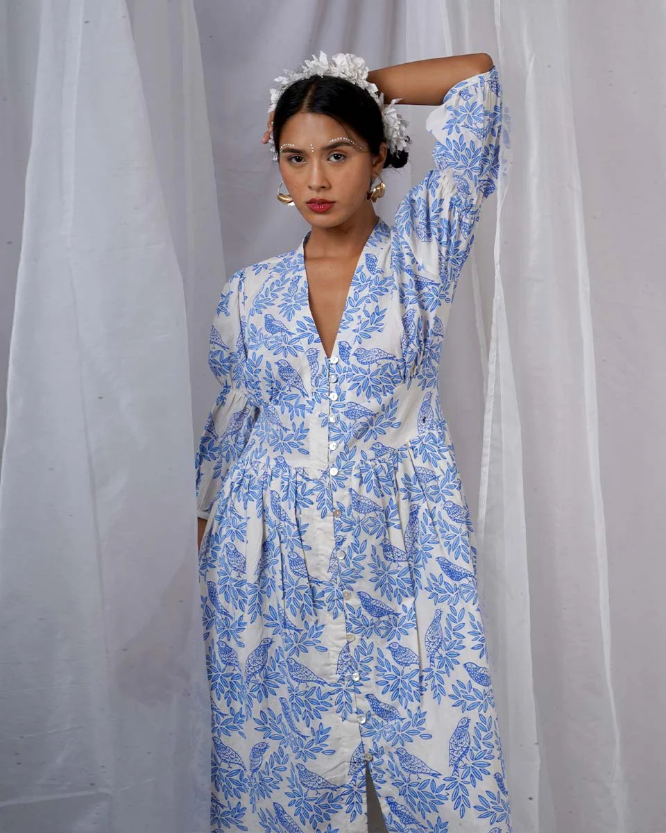 Neyra Ivory Blue Hand Block Printed Dress-BAD - Image 4