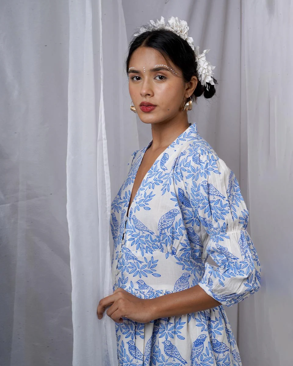 Neyra Ivory Blue Hand Block Printed Dress-BAD - Image 6
