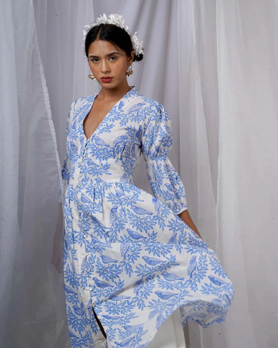 Neyra Ivory Blue Hand Block Printed Dress-BAD - Image 8
