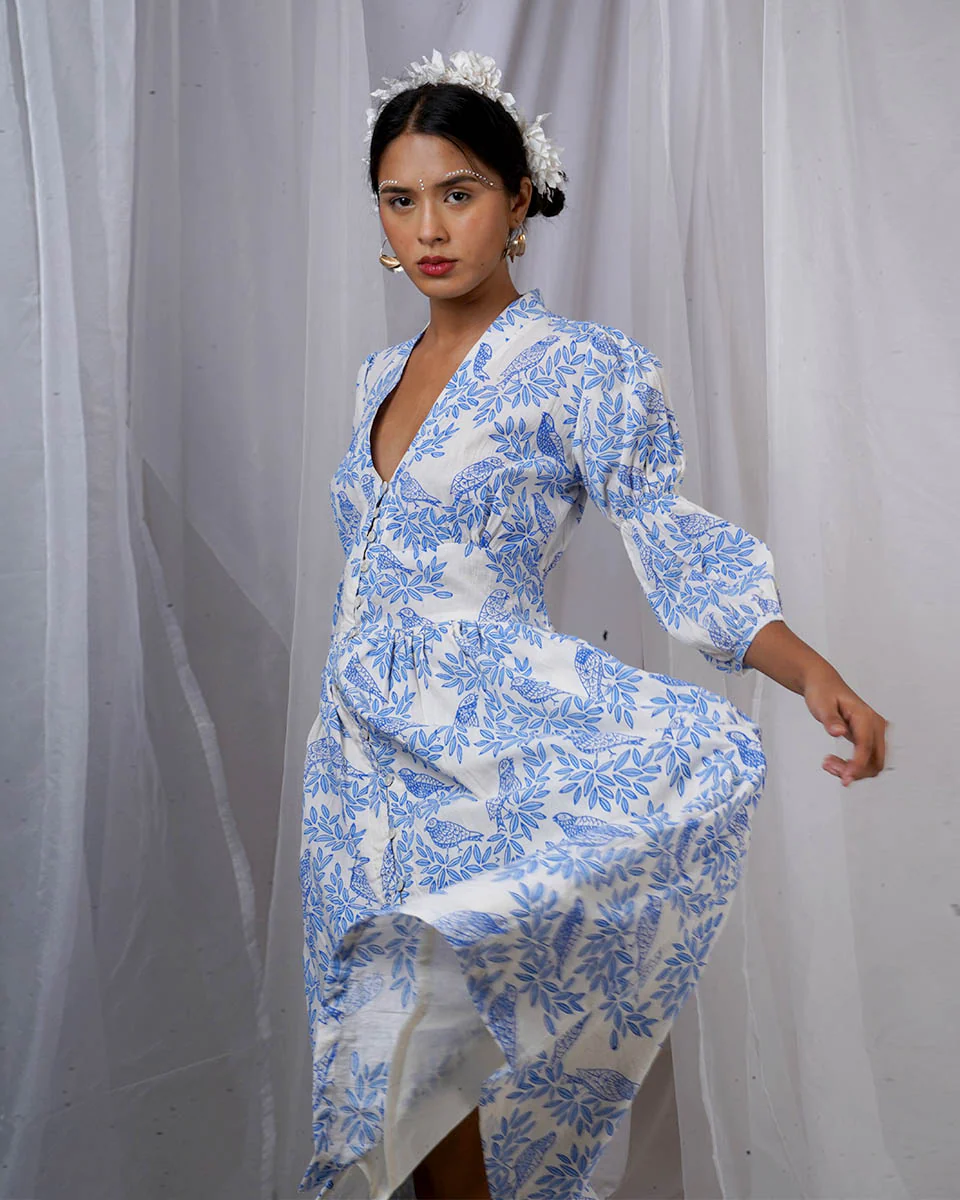 Neyra Ivory Blue Hand Block Printed Dress-BAD - Image 9