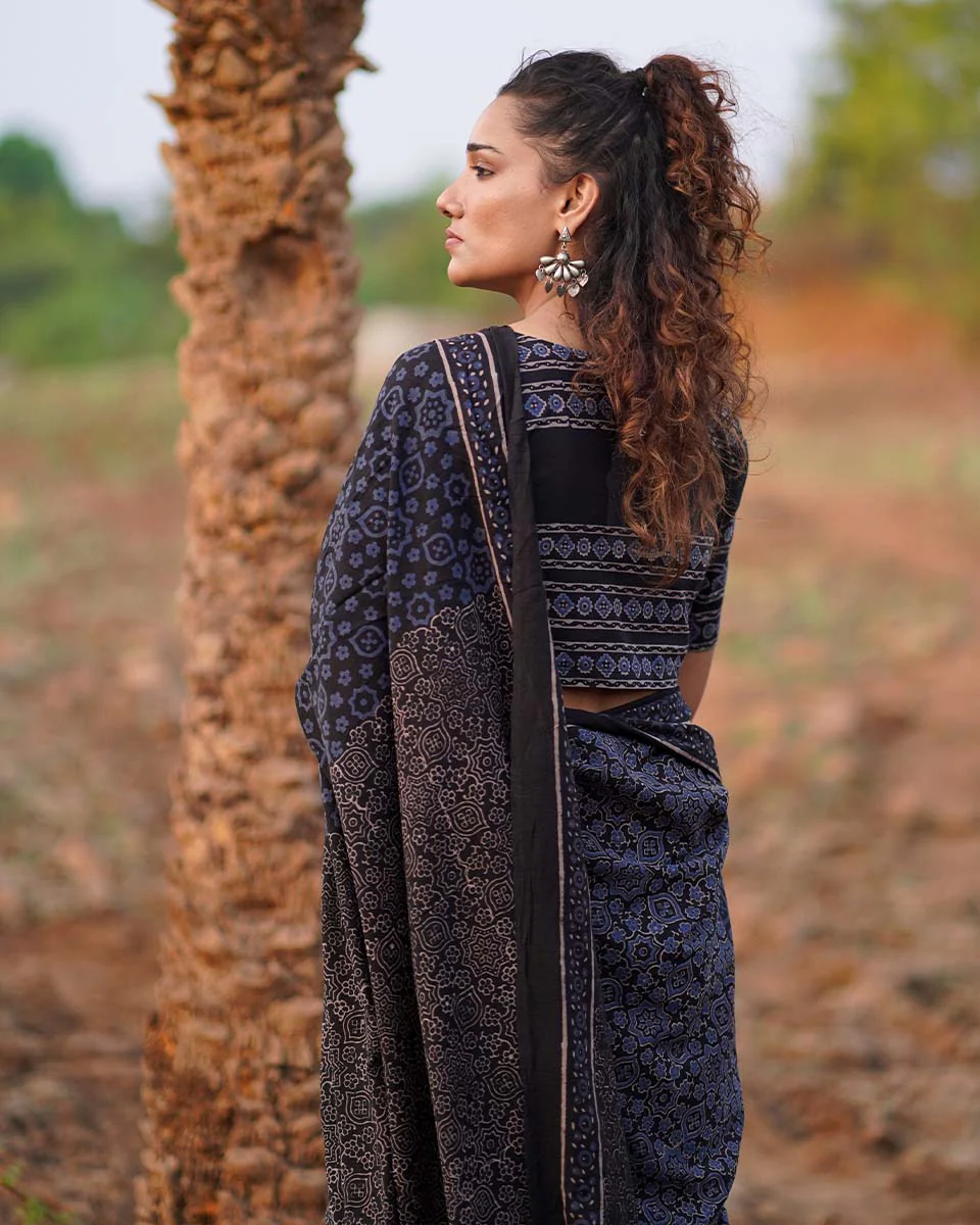 Nightscented Orchids Blockprinted Cotton Saree-WWB - Image 13