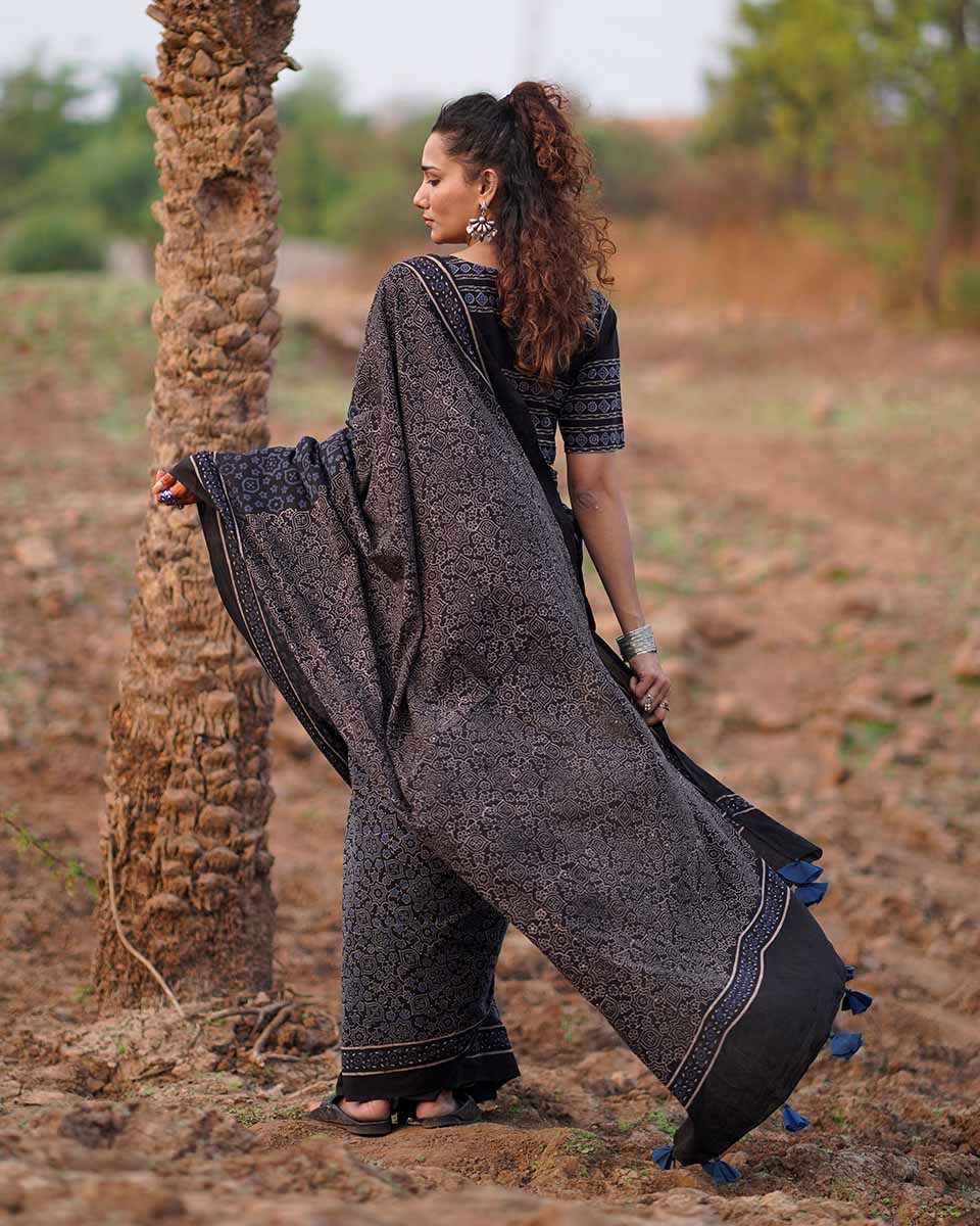 Nightscented Orchids Blockprinted Cotton Saree-WWB - Image 8