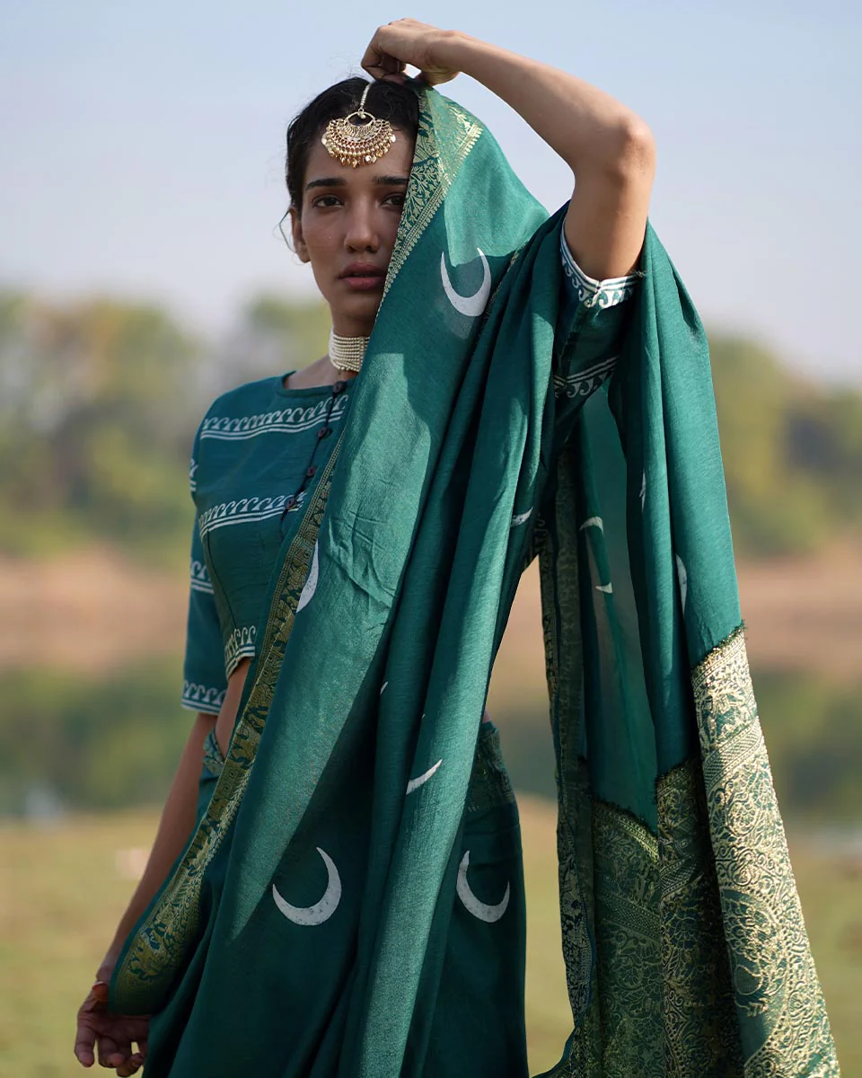 Nitya Blockprinted Mashru Silk Blouse - RB - Image 4