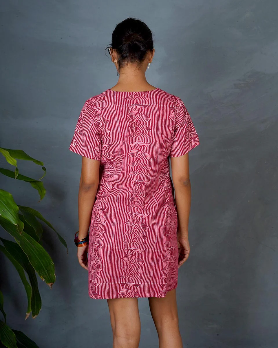 Nivara Red Hand Block Printed Cotton Dress-MYA - Image 5