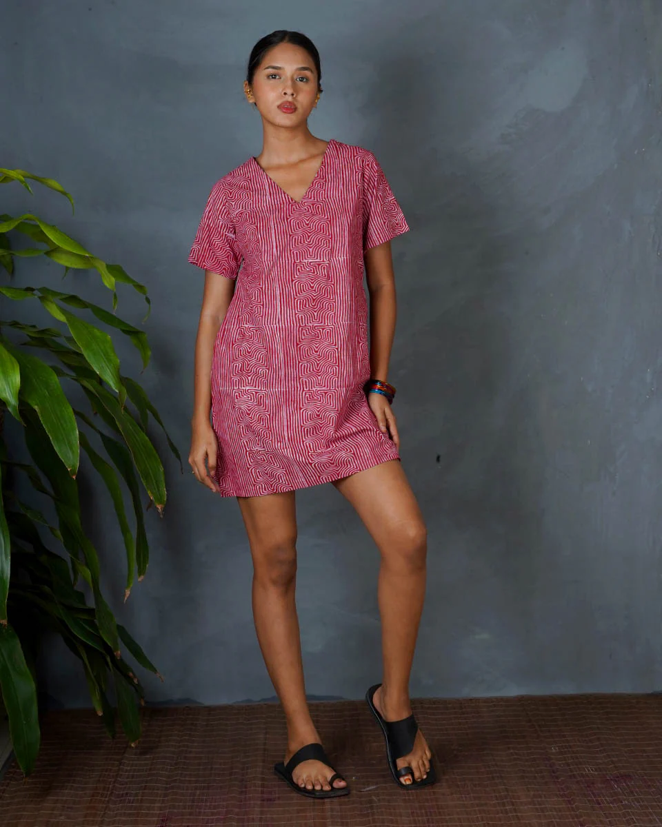 Nivara Red Hand Block Printed Cotton Dress-MYA - Image 6