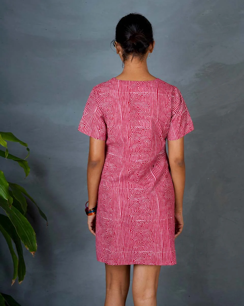 Nivara Red Hand Block Printed Cotton Dress-MYA - Image 8