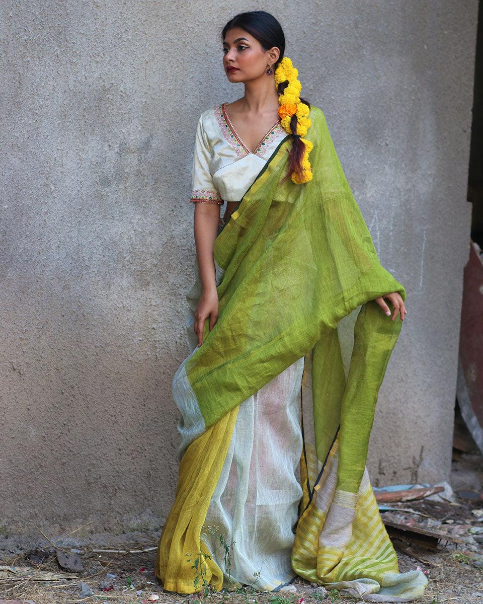 Noor Handwoven Linen Zari Saree - Gazala - Image 5