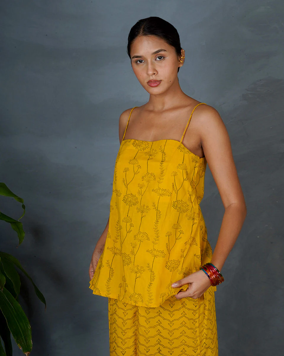 Noor Yellow Hand Block Printed Cotton Top-MYA