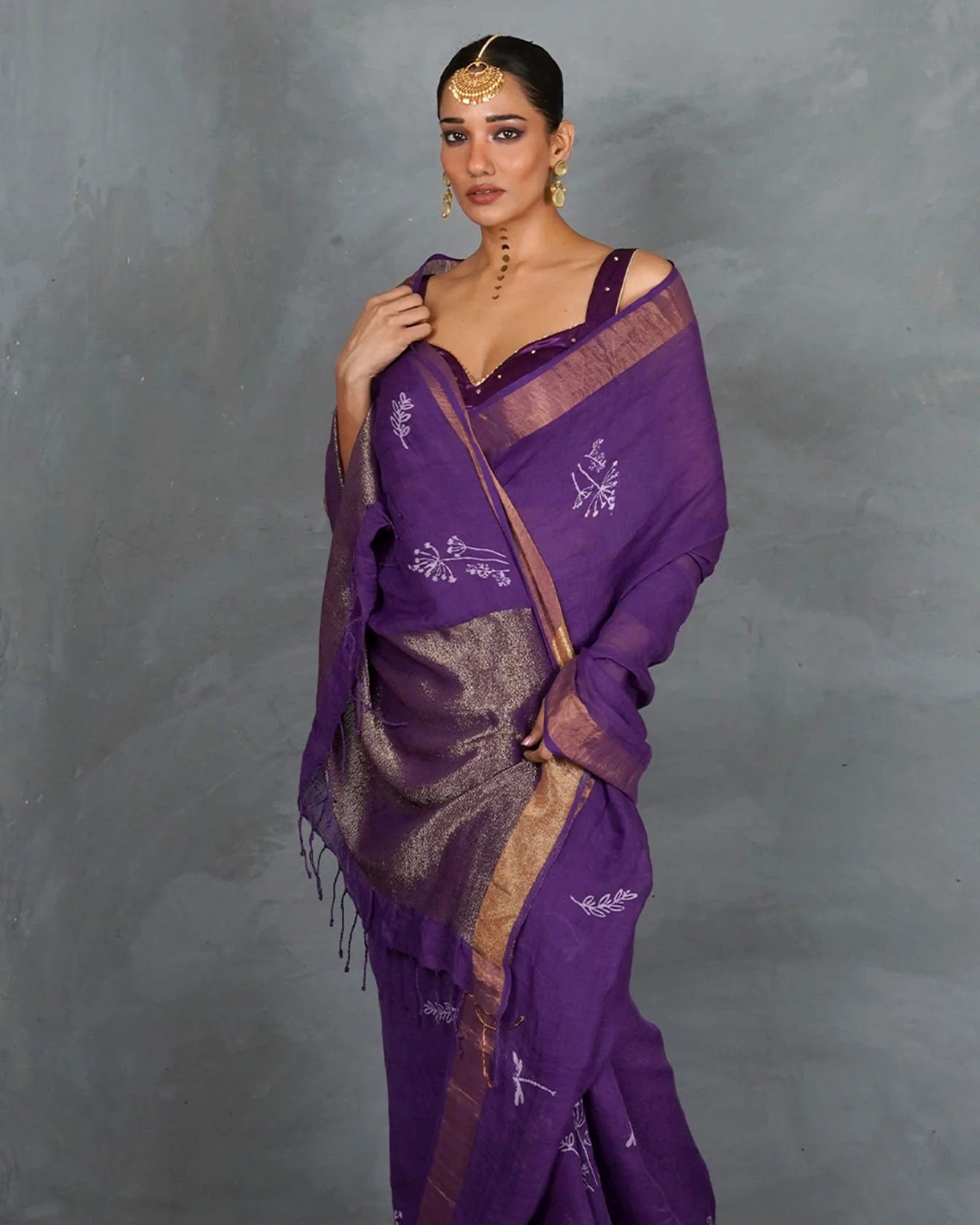 Noori Royal Purple Handblock Linen Saree - TARA - Image 3