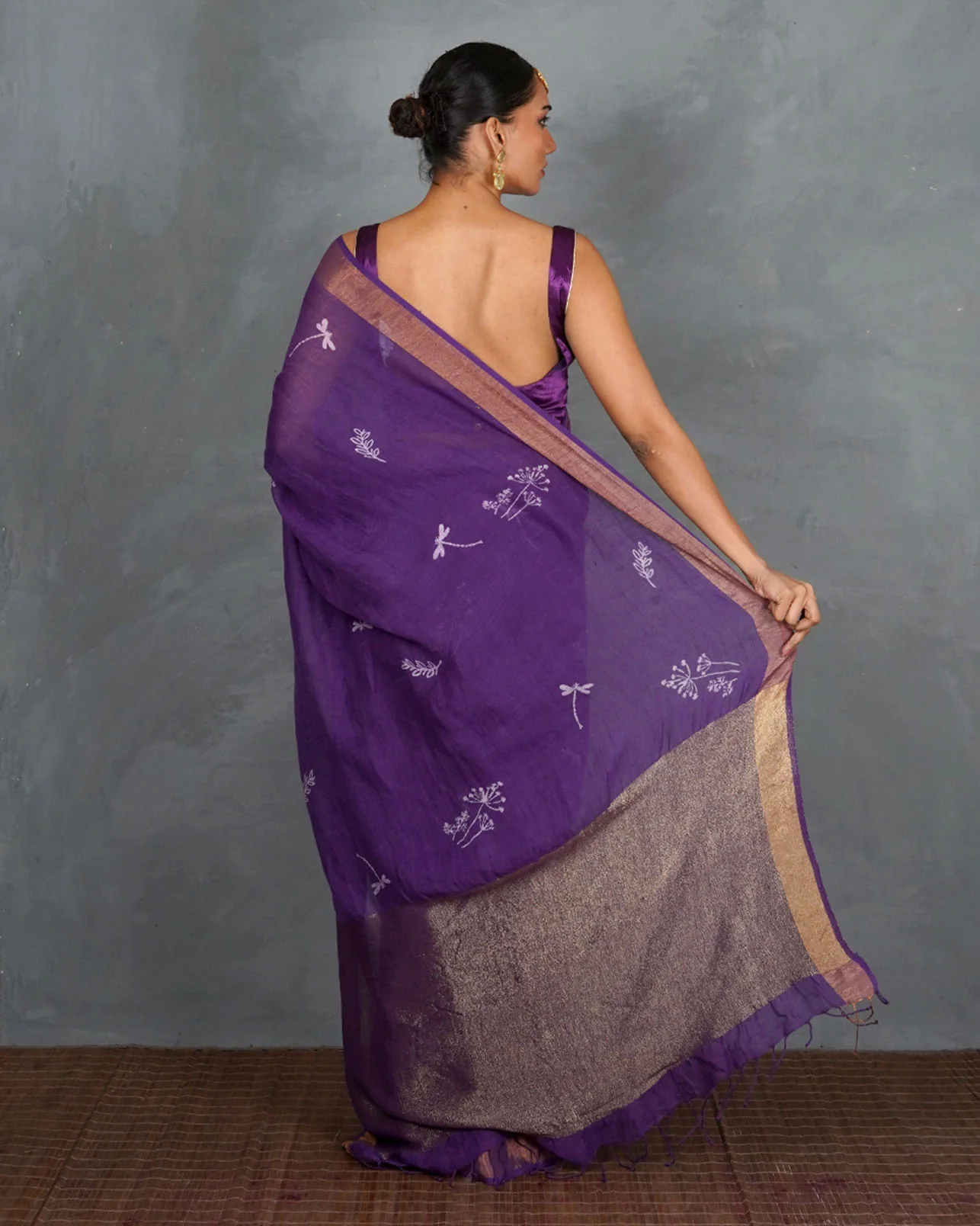 Noori Royal Purple Handblock Linen Saree - TARA - Image 4