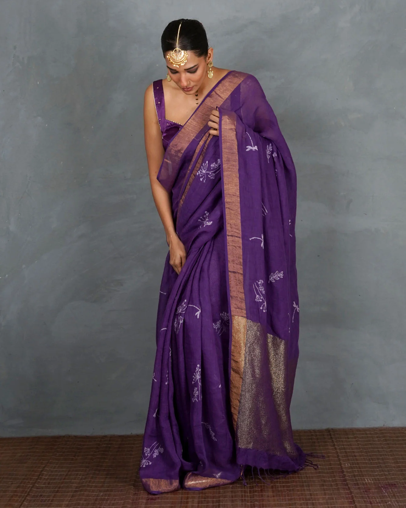 Noori Royal Purple Handblock Linen Saree - TARA - Image 5