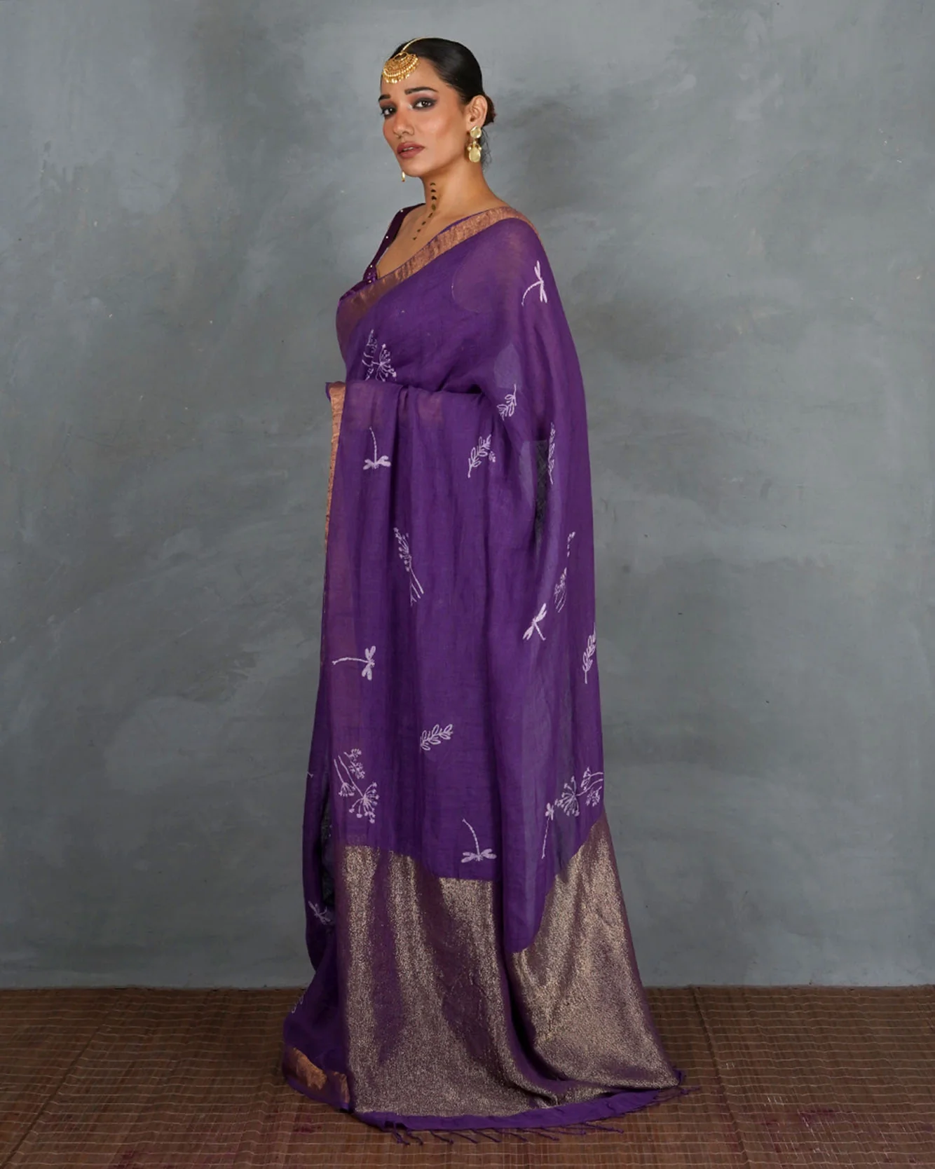Noori Royal Purple Handblock Linen Saree - TARA - Image 7