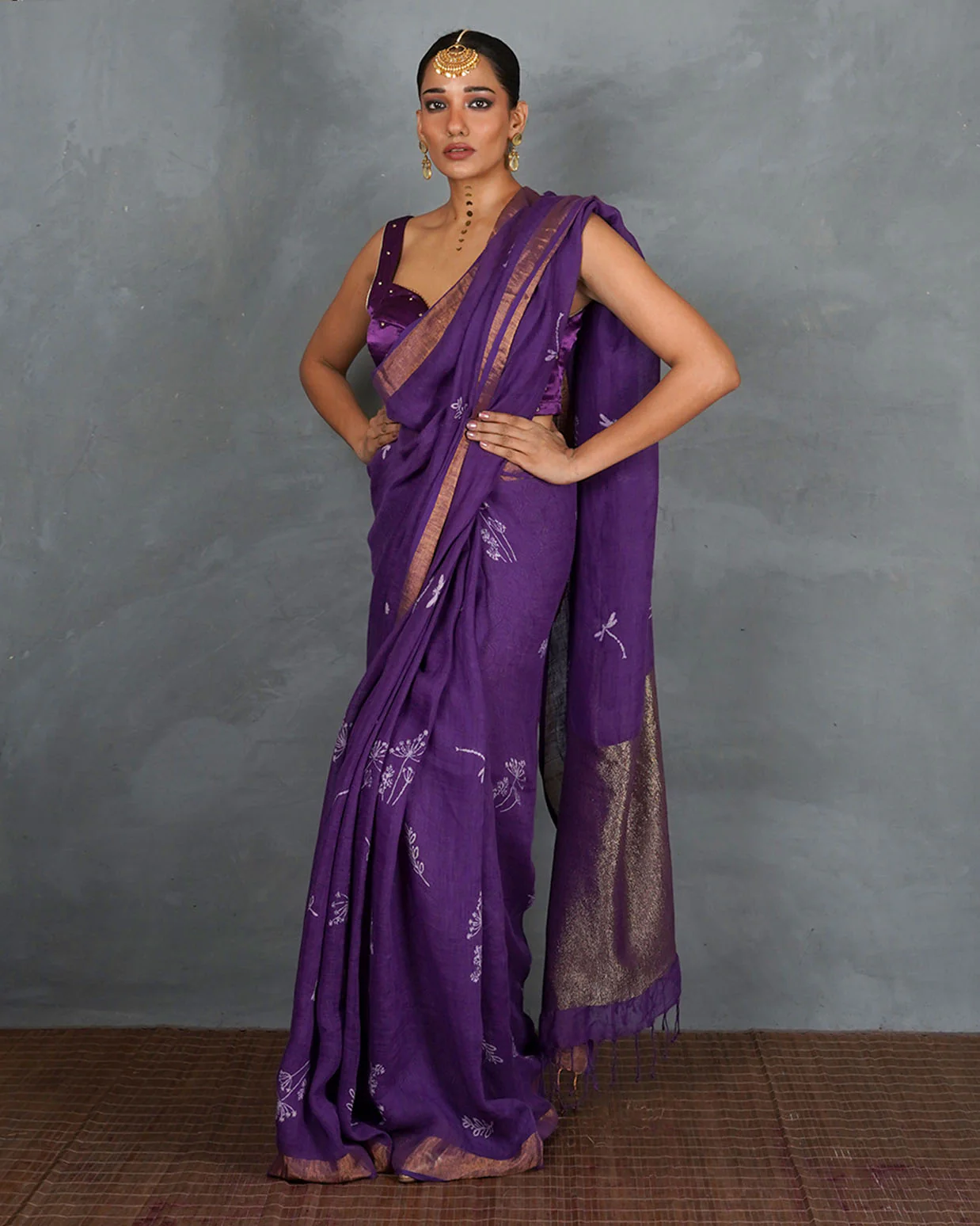 Noori Royal Purple Handblock Linen Saree - TARA - Image 9
