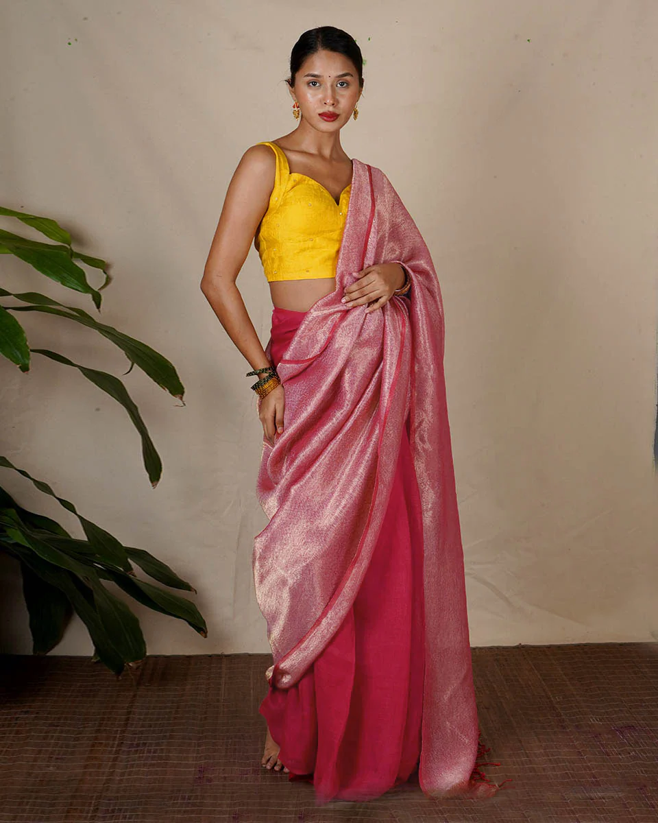 Ojaswee Rani Pink Handwoven Linen Zari Saree - Eknoor - Image 5