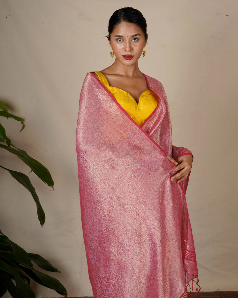 Ojaswee Rani Pink Handwoven Linen Zari Saree - Eknoor - Image 6