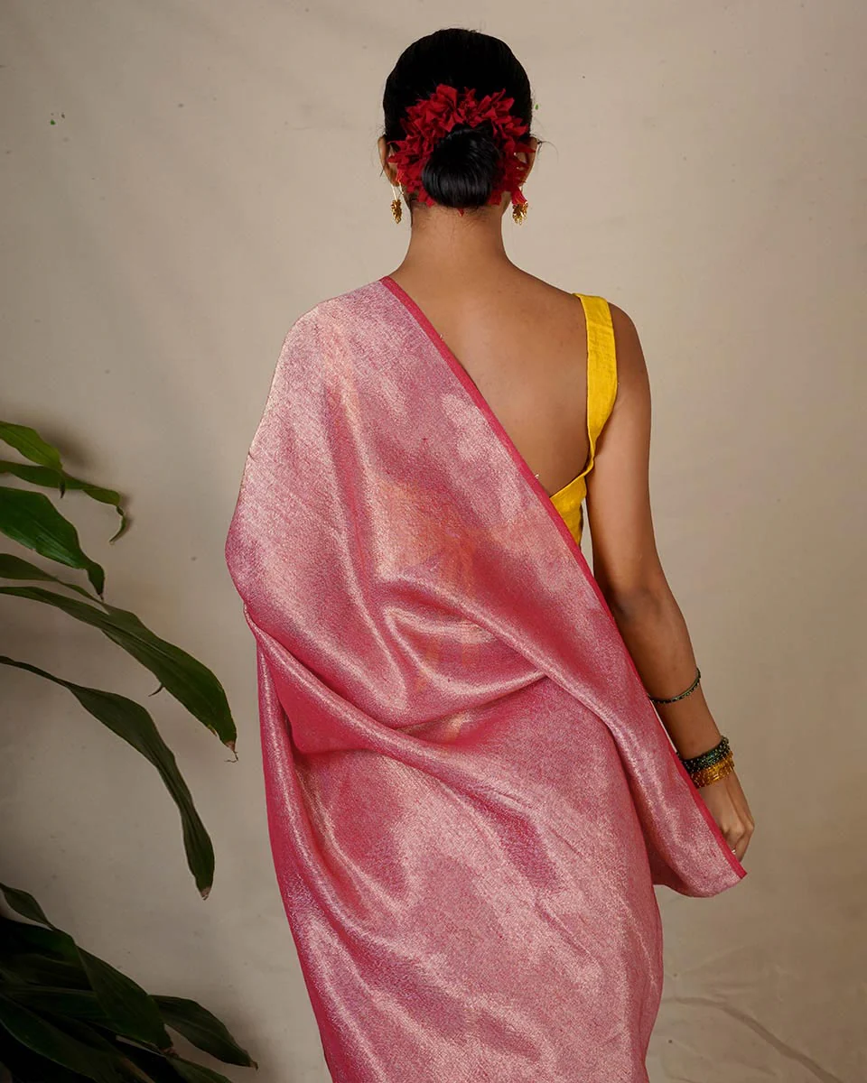 Ojaswee Rani Pink Handwoven Linen Zari Saree - Eknoor - Image 7