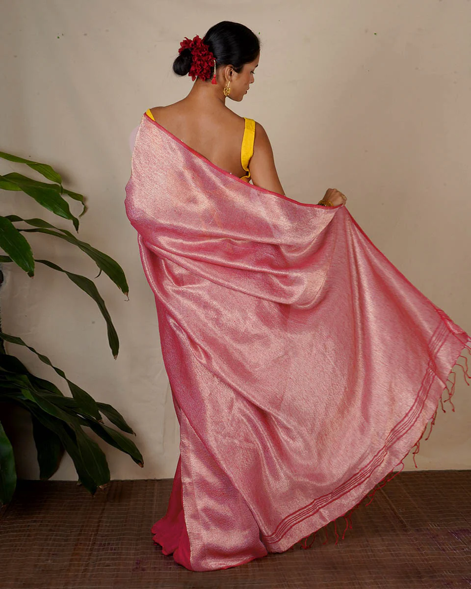 Ojaswee Rani Pink Handwoven Linen Zari Saree - Eknoor - Image 8