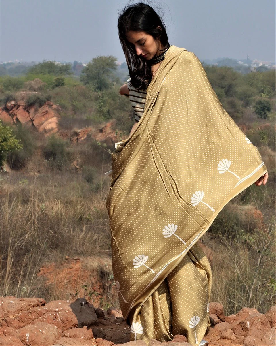 Olive Blockprinted Modal Silk Saree - Image 2