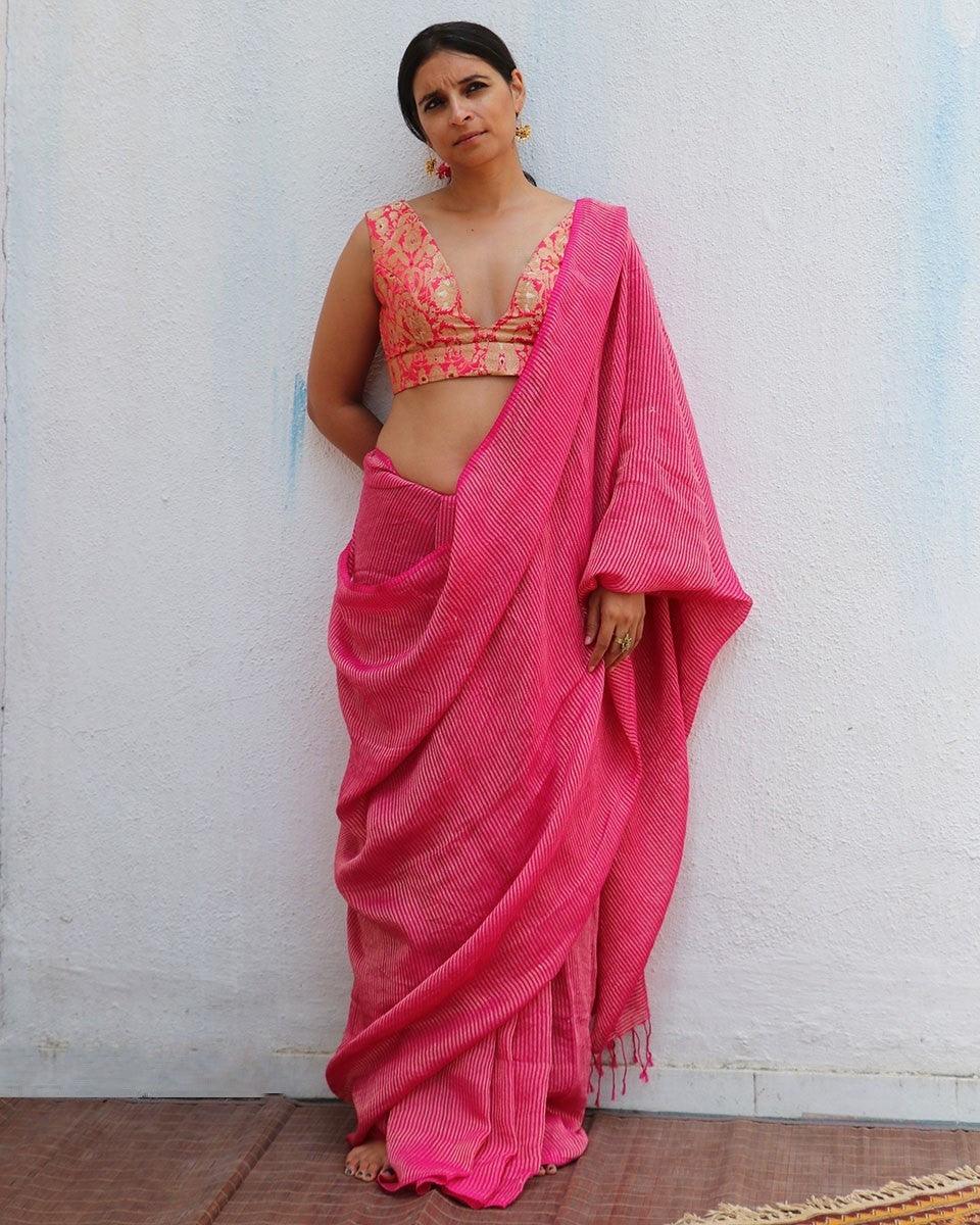 Opal Pink Handwoven Linen Zari Saree - TOG - Image 7