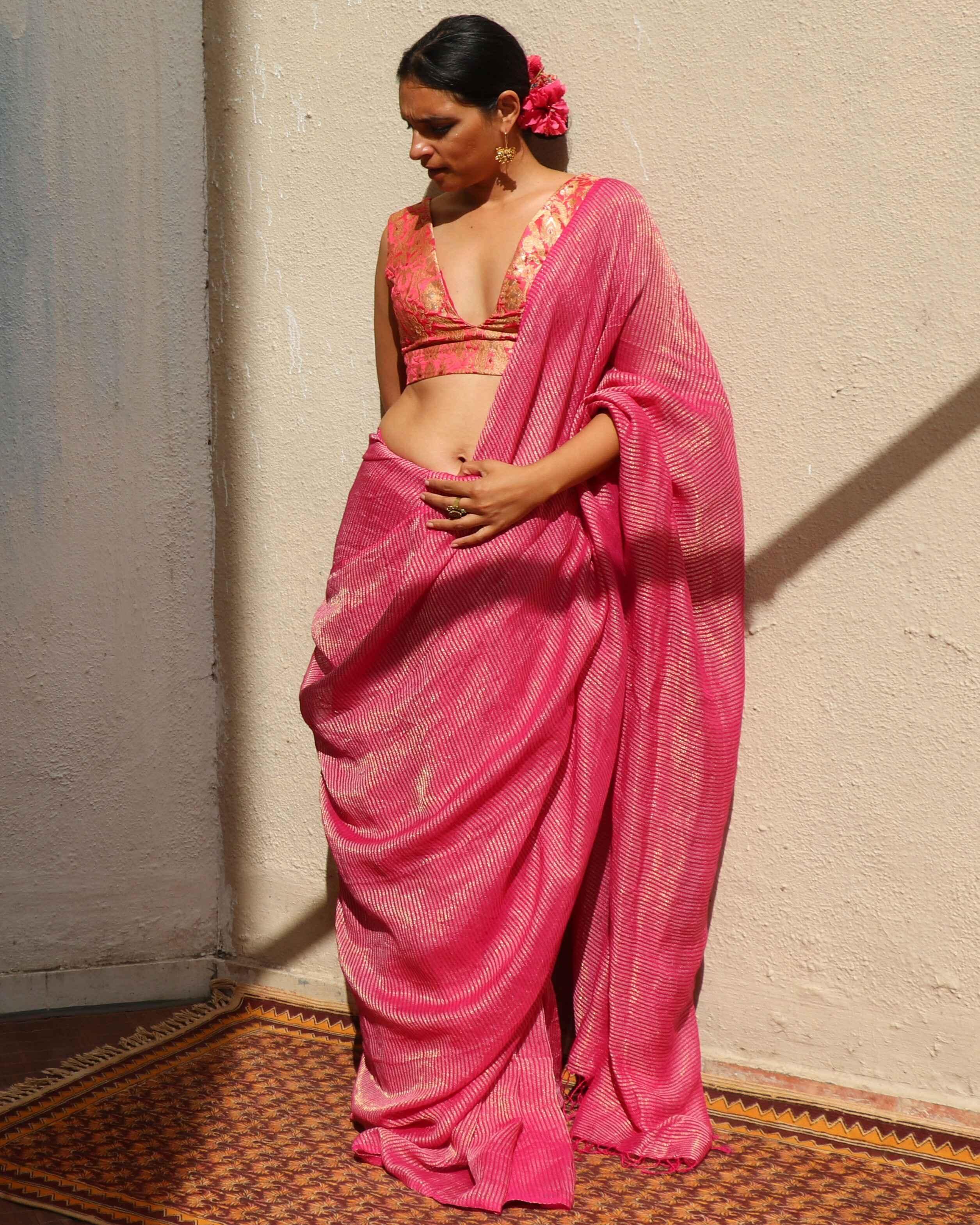 Opal Pink Handwoven Linen Zari Saree - TOG - Image 8