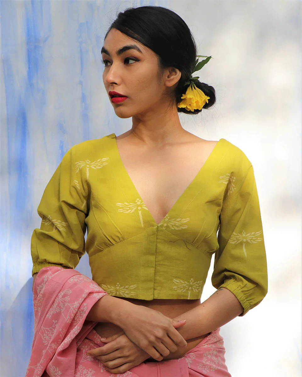 Parrot Green Handprinted Pure Cotton Crop Top Blouse -Skd
