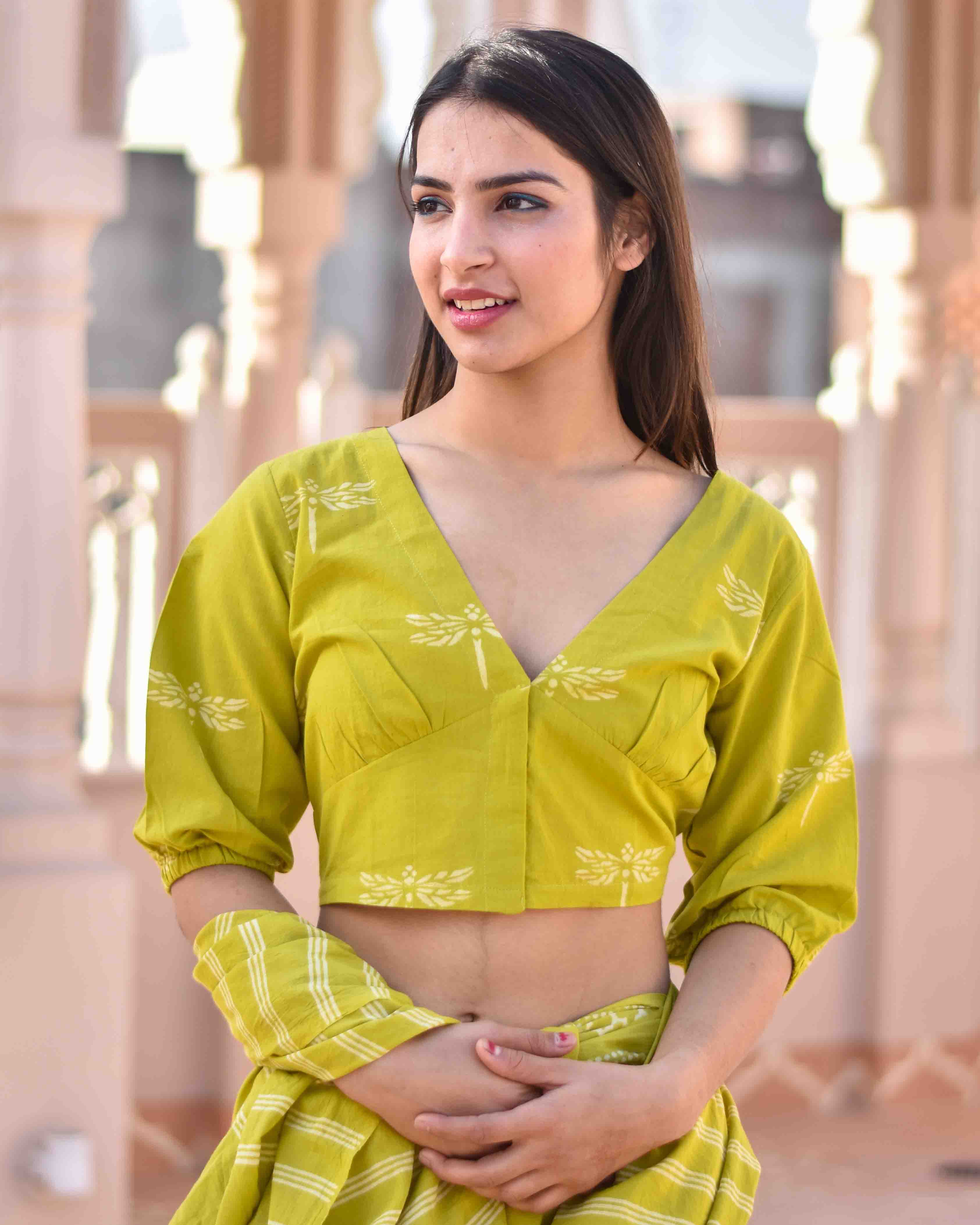 Parrot Green Handprinted Pure Cotton Crop Top Blouse -Skd - Image 5