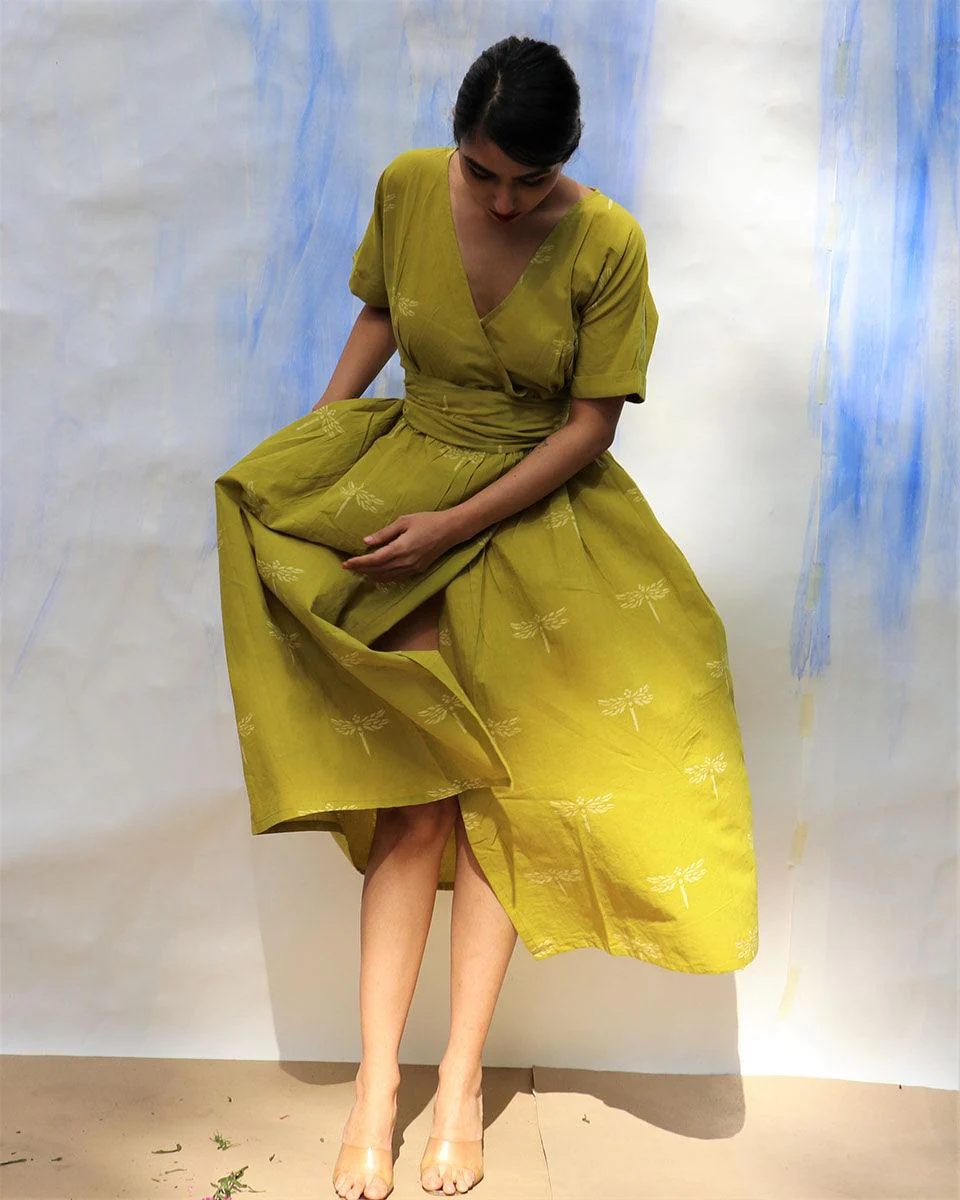 Parrot Green Handprinted V Neck Pure Cotton Dress -Skd - Image 4