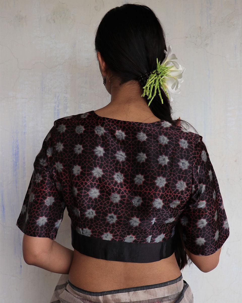 Parveen Black Hand Blockprinted Mashru Silk Blouse-Yesterday - Image 2