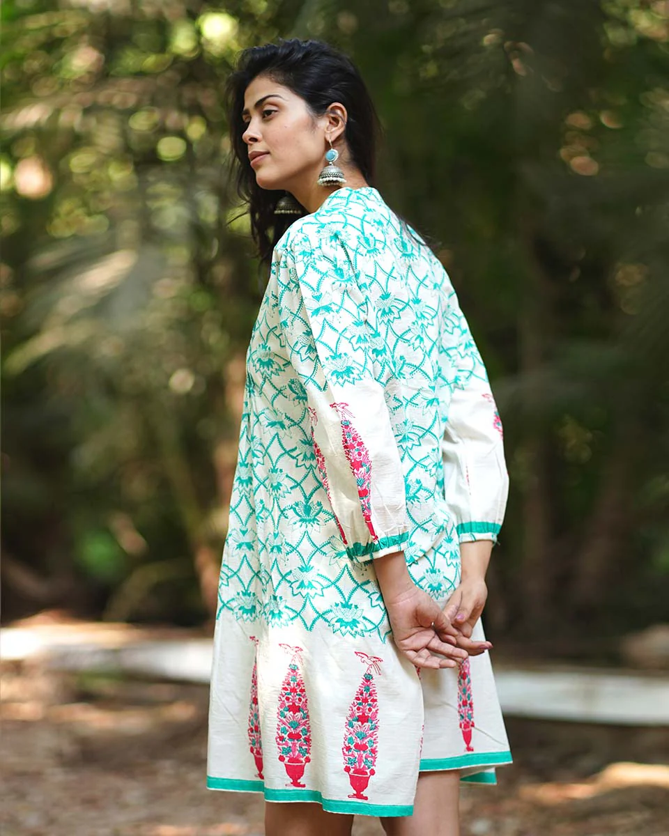 Petuniaas Poise Teal Green Block Printed Cotton Dress - MMG - Image 4