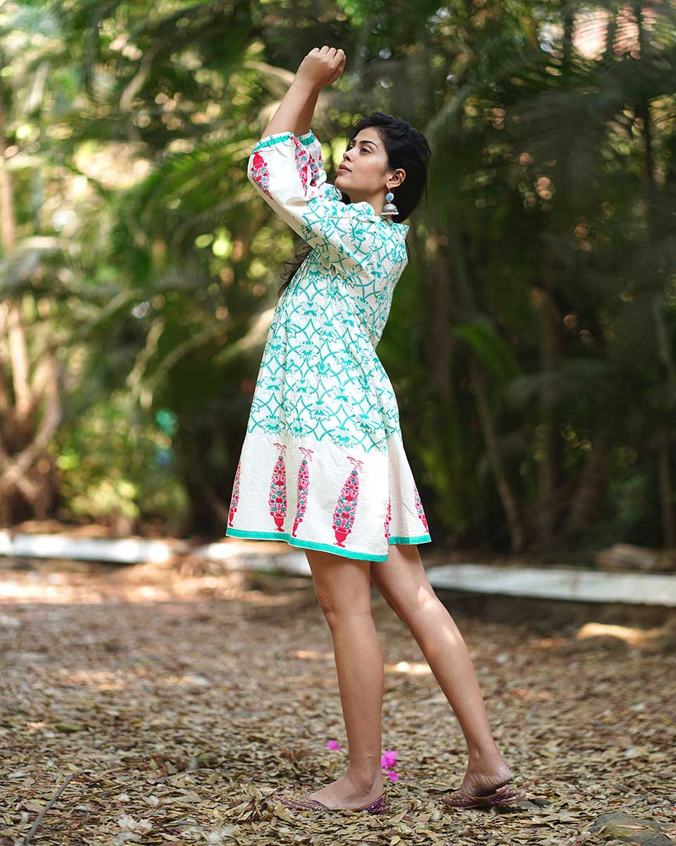 Petuniaas Poise Teal Green Block Printed Cotton Dress - MMG - Image 6