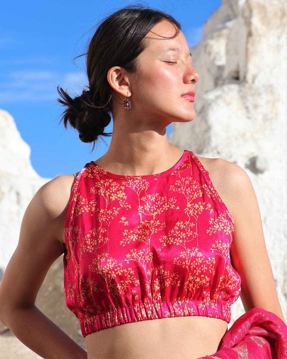 Pink Bel Blockprinted Mashru Silk Blouse-Lagn - Image 2