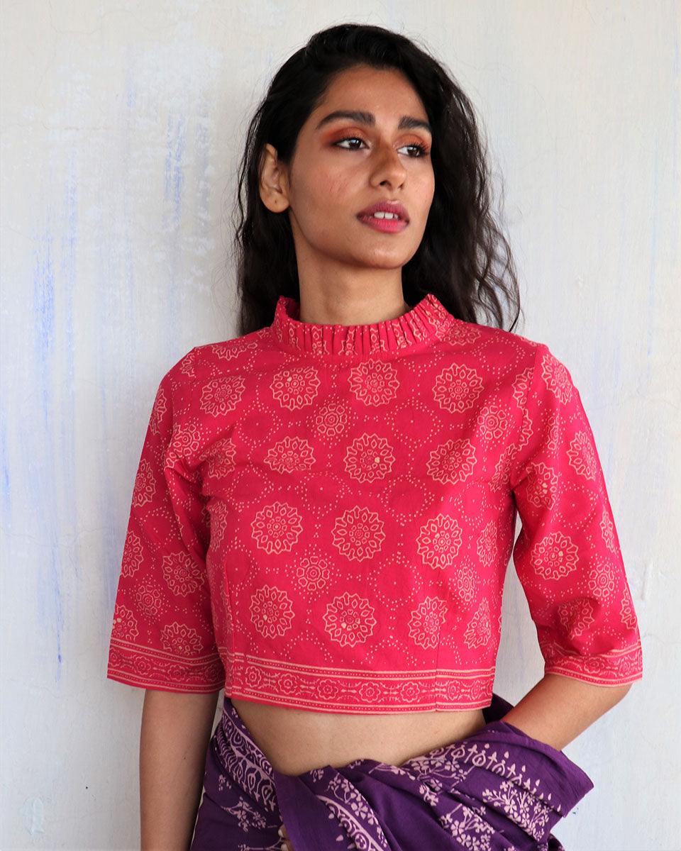Pink Blockprinted Crop Top Cotton Blouse-Butterflygirls
