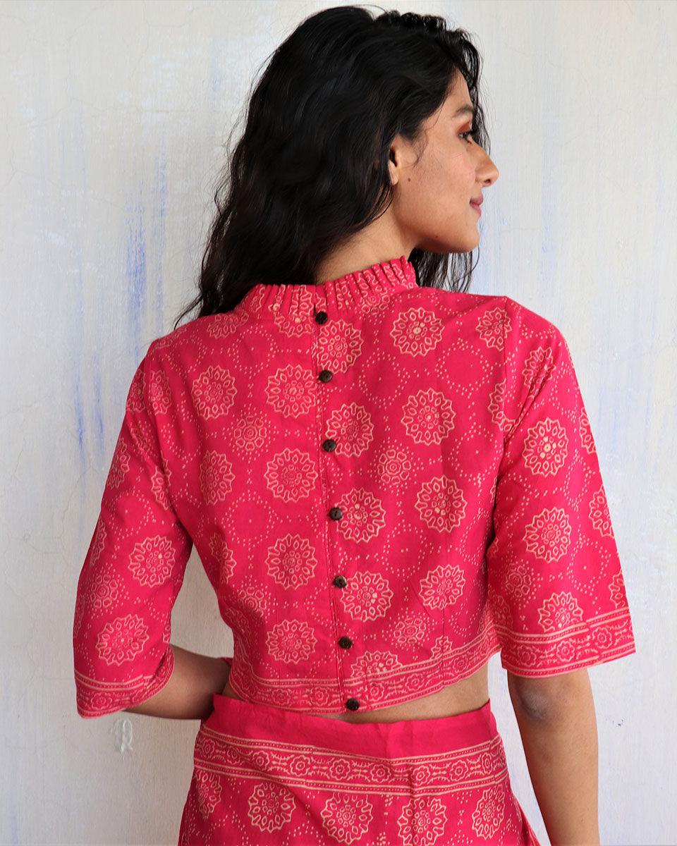 Pink Blockprinted Crop Top Cotton Blouse-Butterflygirls - Image 4