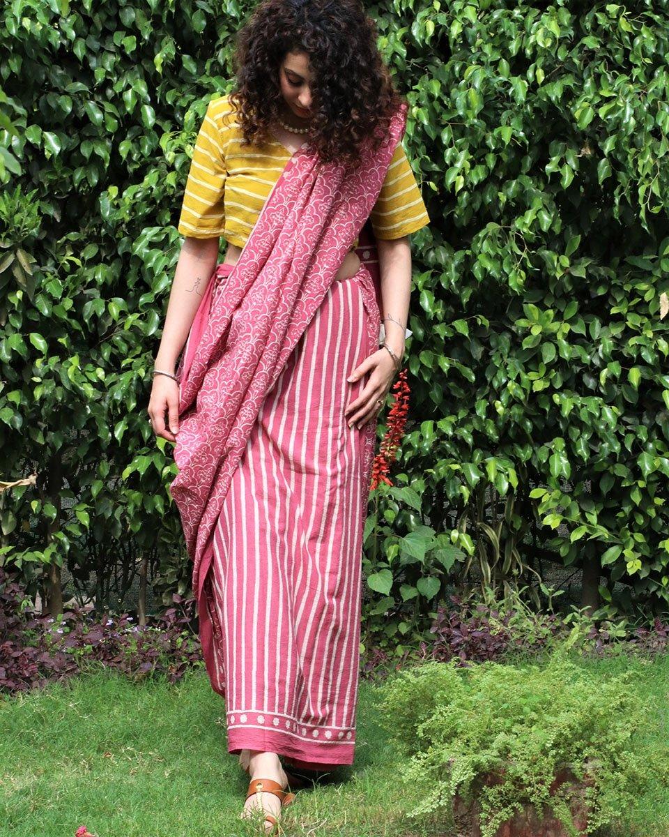 Pink Charm Hand Blockprinted Cotton Saree - Image 2