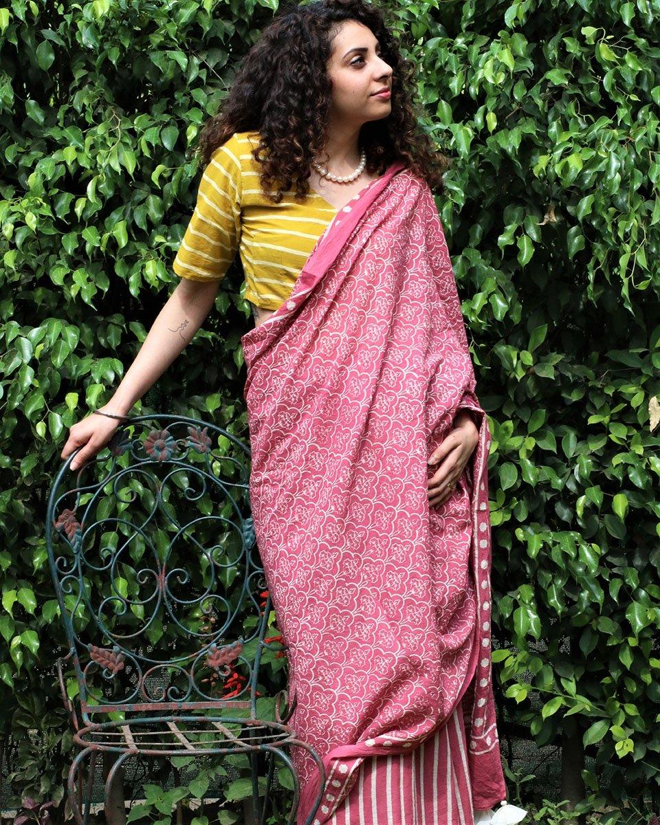Pink Charm Hand Blockprinted Cotton Saree - Image 6