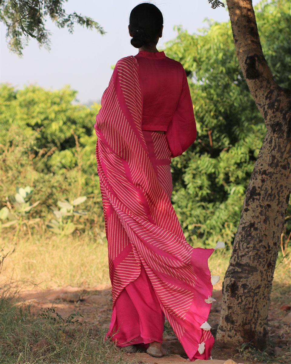 Pink Blockprinted Modal Silk Saree - Rang - Image 7