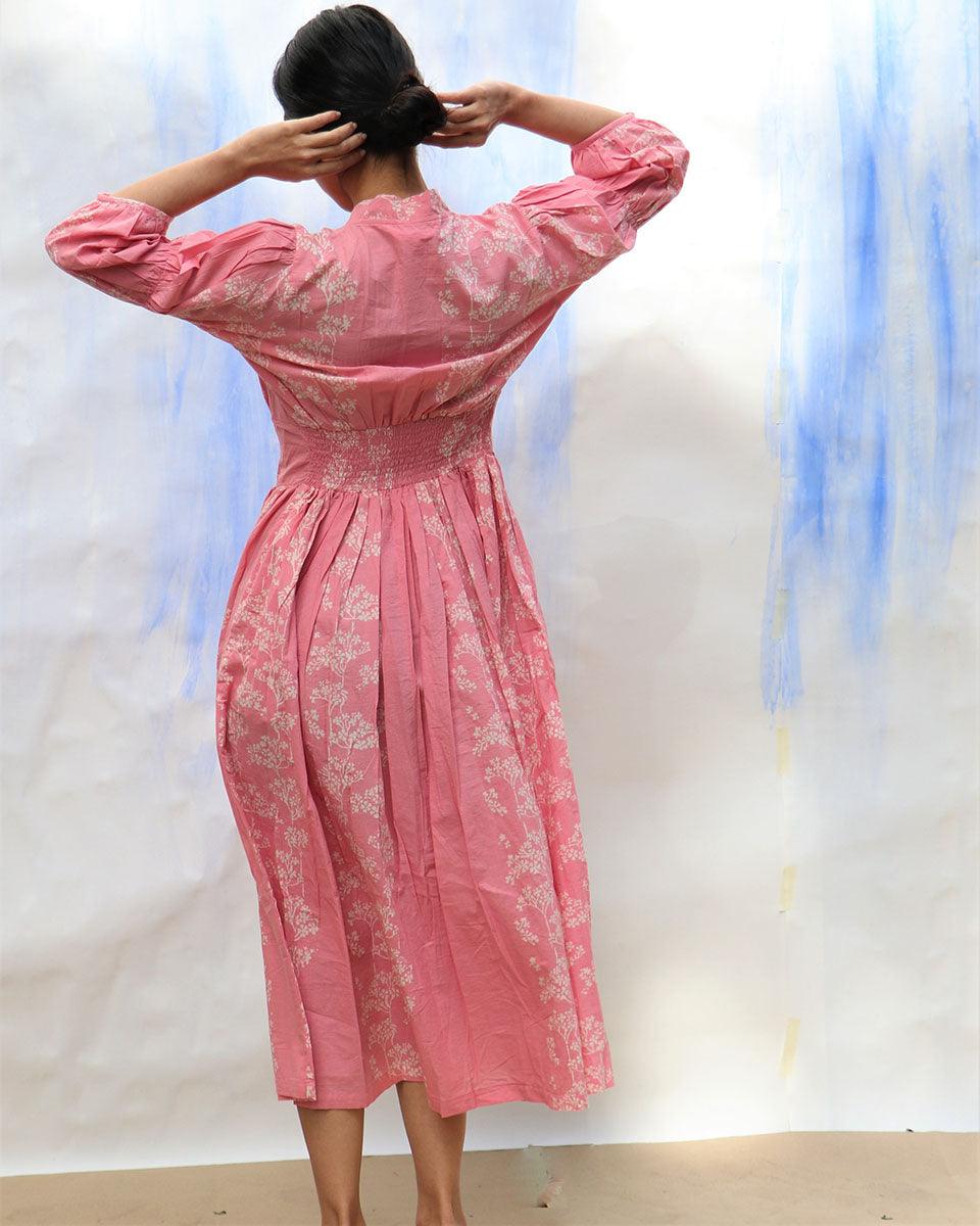 Pink Handprinted Front Open Pure Cotton Dress -Skd - Image 6