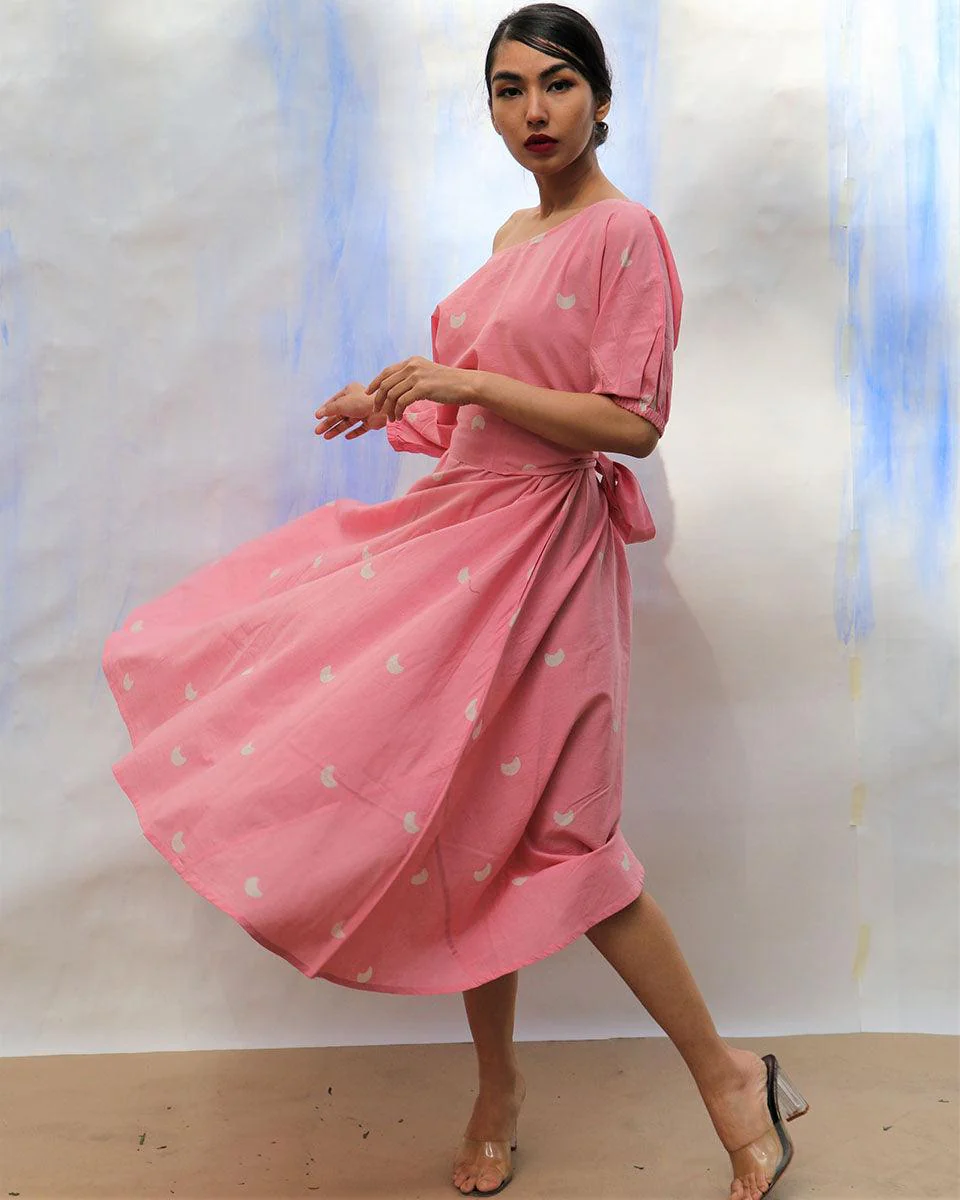 Pink Handprinted Off Shoulder Pure Cotton Dress -Skd - Image 2