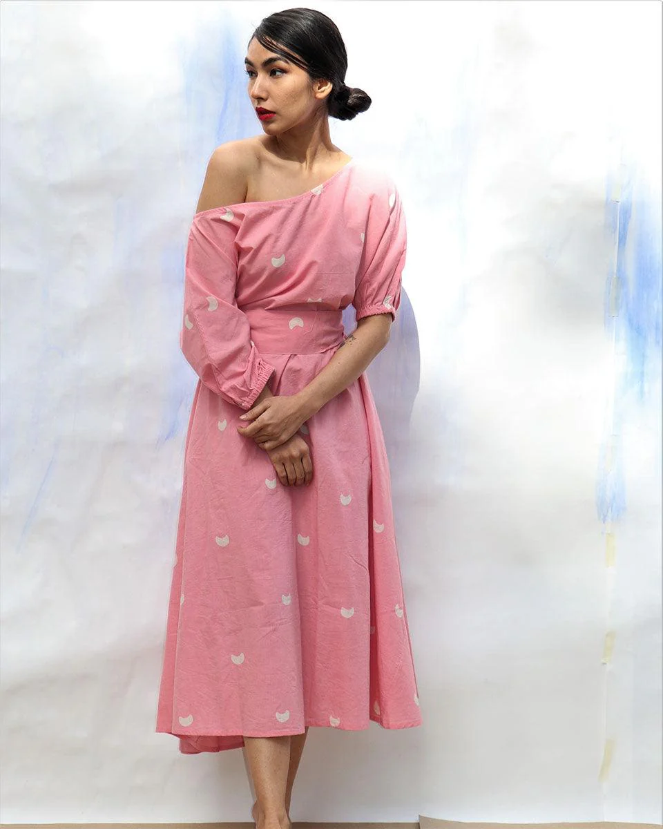 Pink Handprinted Off Shoulder Pure Cotton Dress -Skd - Image 5