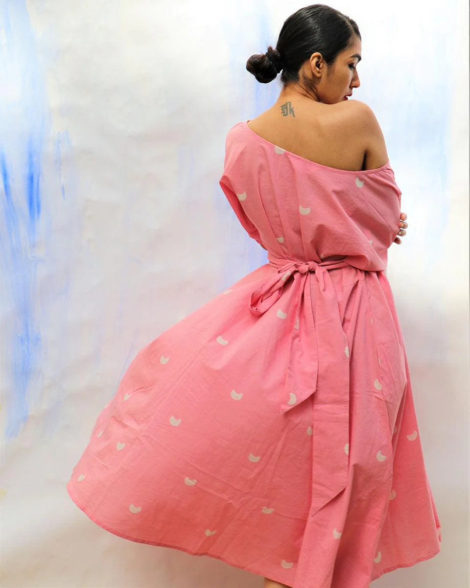 Pink Handprinted Off Shoulder Pure Cotton Dress -Skd - Image 6