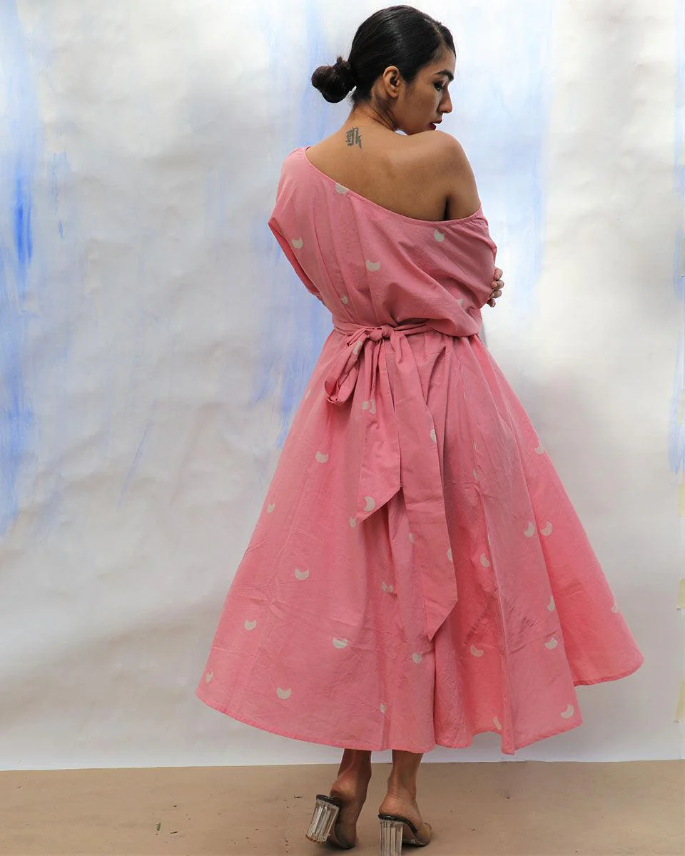 Pink Handprinted Off Shoulder Pure Cotton Dress -Skd - Image 7