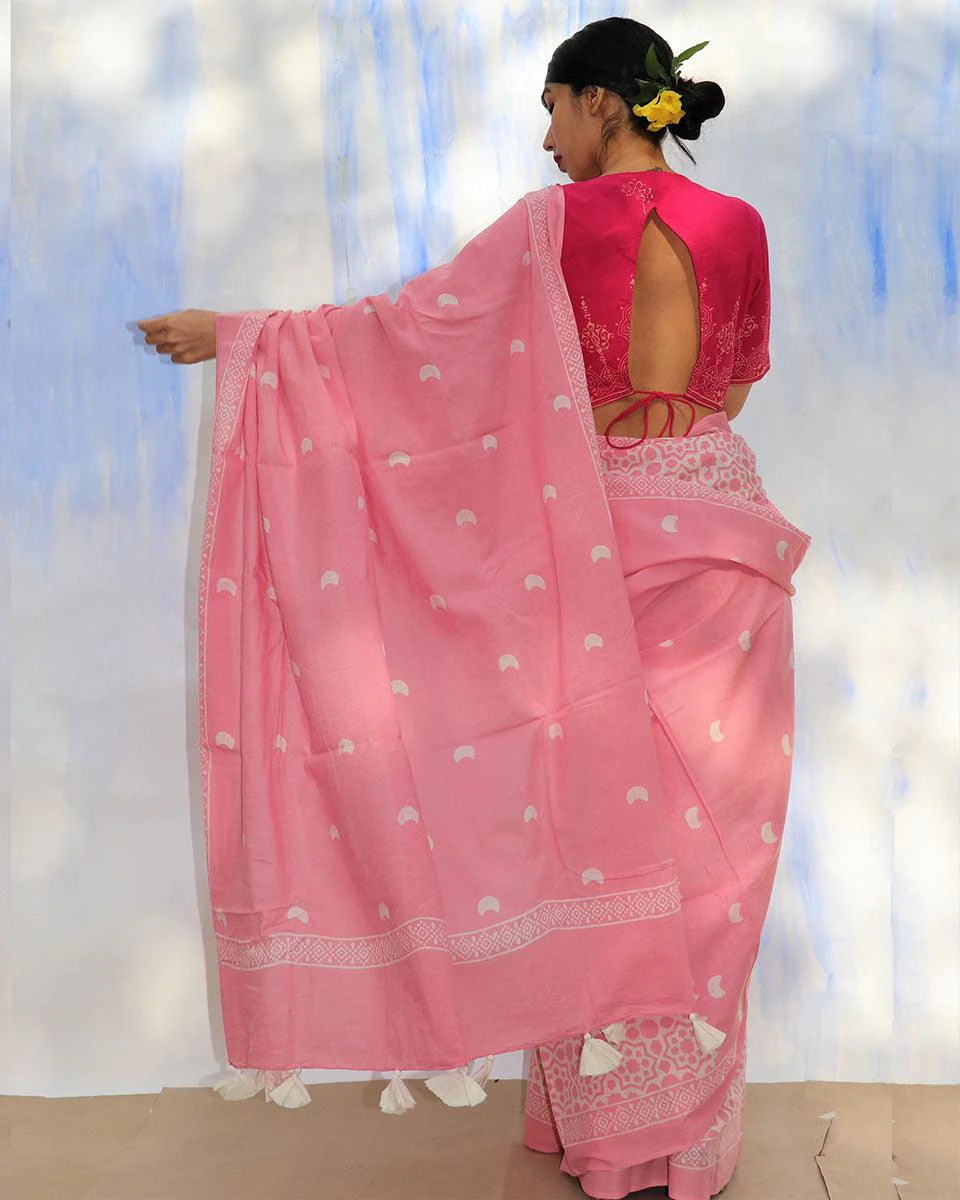 Moon Child Handblock Printed Cotton Saree- Skd - Image 6