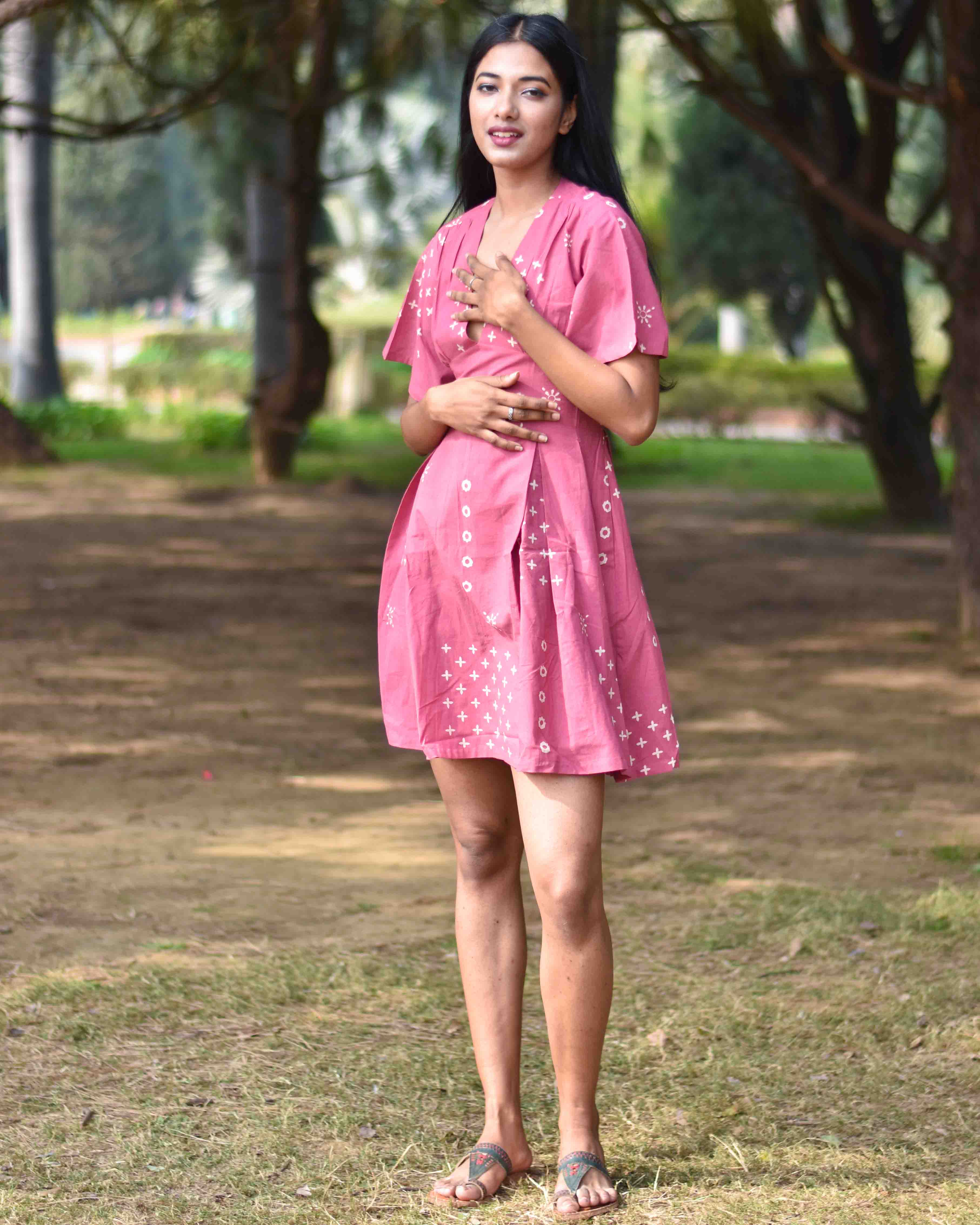 Pink Pure Cotton Block Printed Dress- Nupur - Image 5