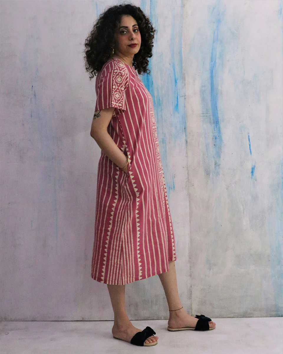 Pink Block Print Cotton Dress - Image 2