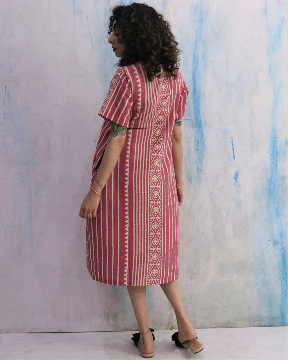 Pink Block Print Cotton Dress - Image 4