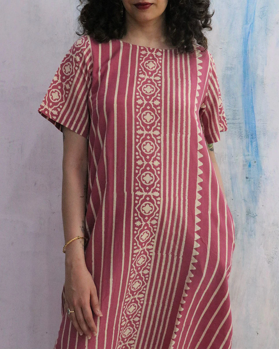 Pink Block Print Cotton Dress - Image 7